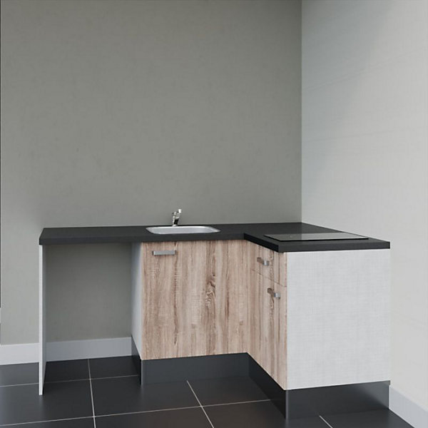 Kitchenette KA01 - 128 cm - Façades : Bois - Plan de travail : Noir texturé - Crédences : Non - Evier