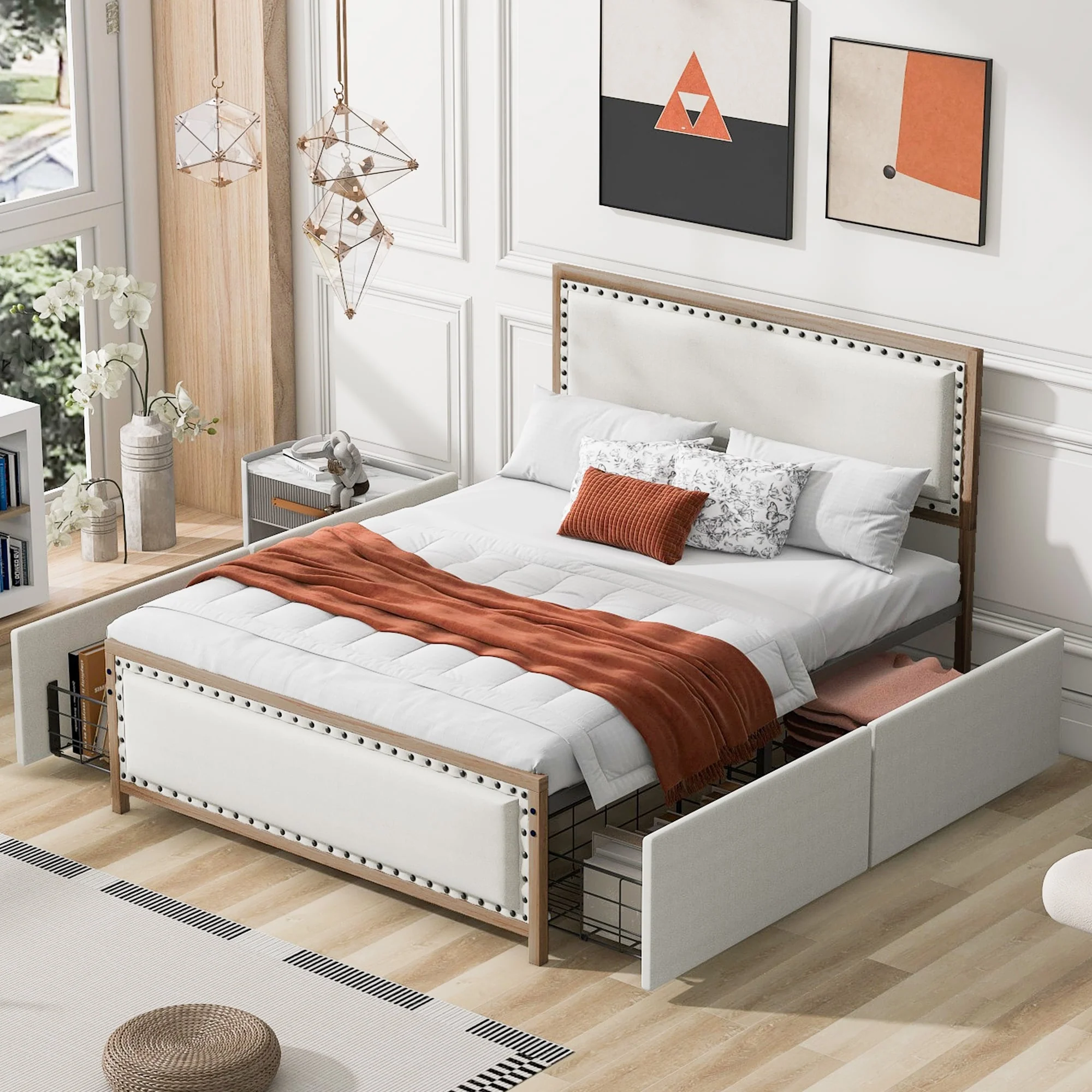 Queen Upholstered Platform Bed with Nailhead Detail and 4 Storage Drawers