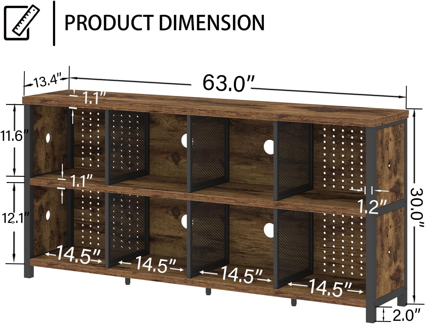 LVB Rustic Horizontal Bookshelf, Industrial Bookcase Cube Storage Organizer, Wide Large Metal Wooden Office Cube Shelf, Farmhouse Low Long Book Shelf for Home Bedroom Living Room, Rustic Brown, 63 in