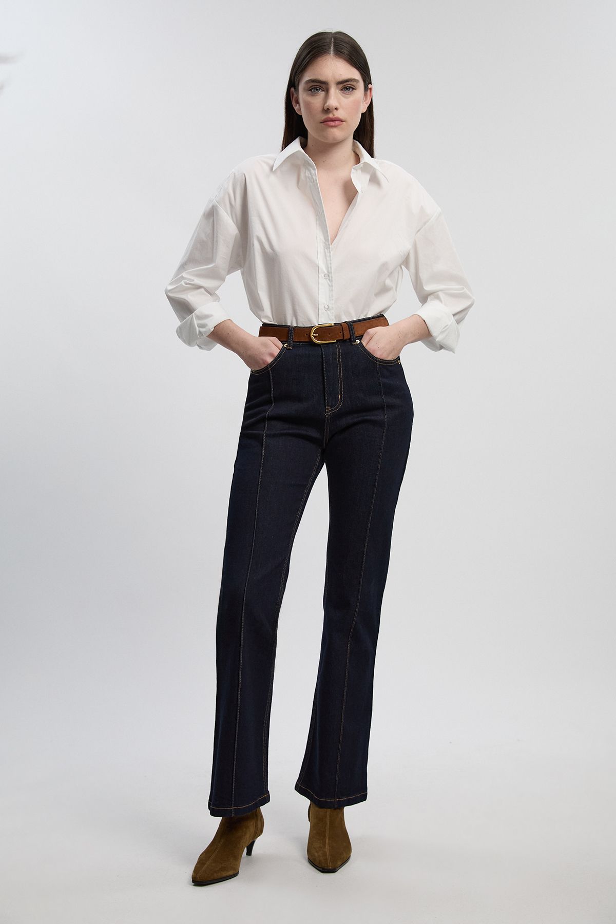 KarenMillen Stretch Denim Pintuck Flare Jean