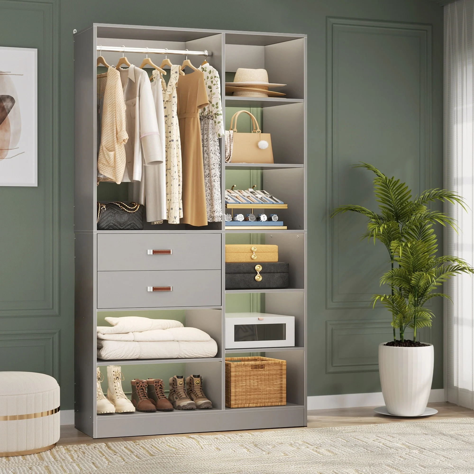 Vryon 40'' W Freestanding Closet System with 10 Storage Shelves and 2 Drawers and 1 Hanging Rods