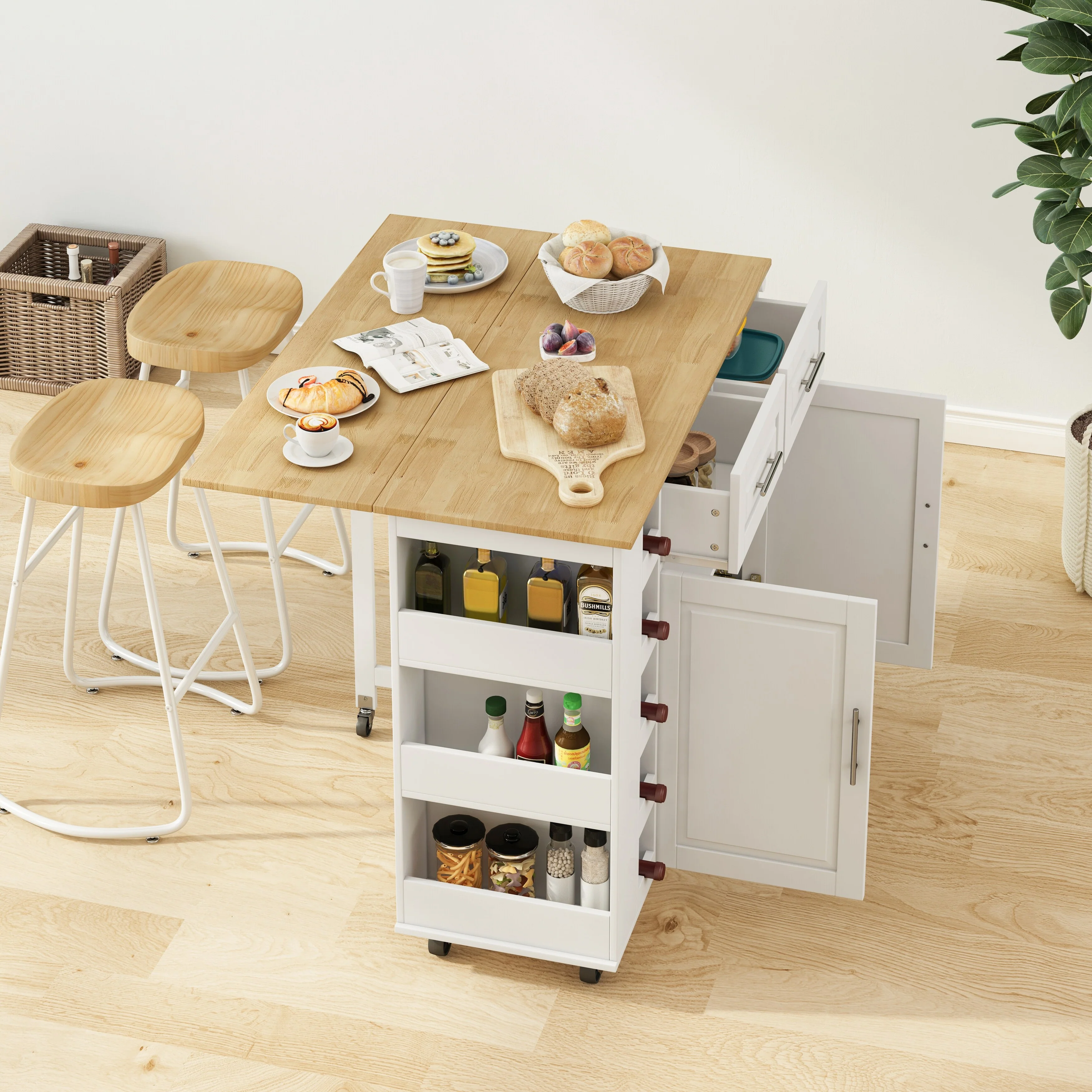 Multi-Functional Kitchen Island Cart With 2 Door Cabinet And Two Drawers(no include stool)