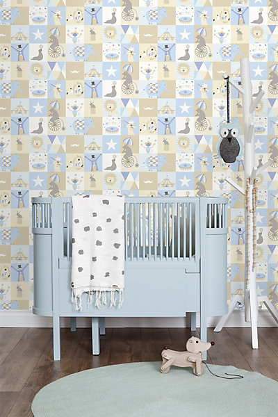 ESTAhome papier peint l'univers du cirque bleu clair, beige et blanc 53 cm x 10.05 m