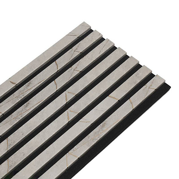 Mur TV - Lot de 7 Panneaux tasseaux bois 250 x 30 x 1,9 cm - décor marbre gris/feutrine noir - 5,25m²