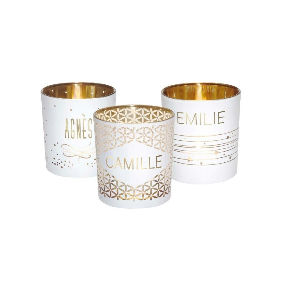 - Photophore prénom en verre blanc et or Carole