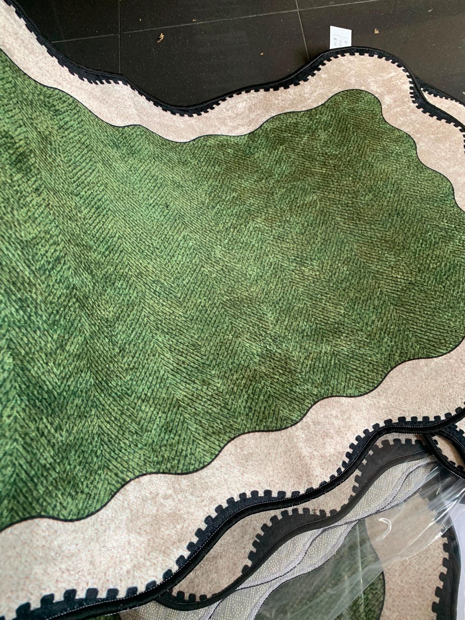Scalloped Edge Bath Mat Set, Green Beige Wavy Boho Bathroom Rugs