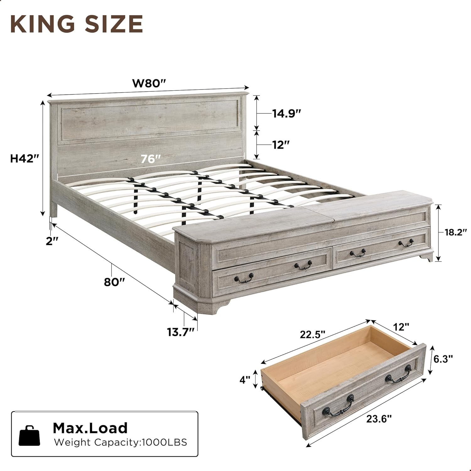 T4TREAM Farmhouse King Bed with Headboard and Storage Bench, Rustic Wood Platform Bed with 80 Storage Chest w/ 4 Large Drawer, Light Rustic Oak