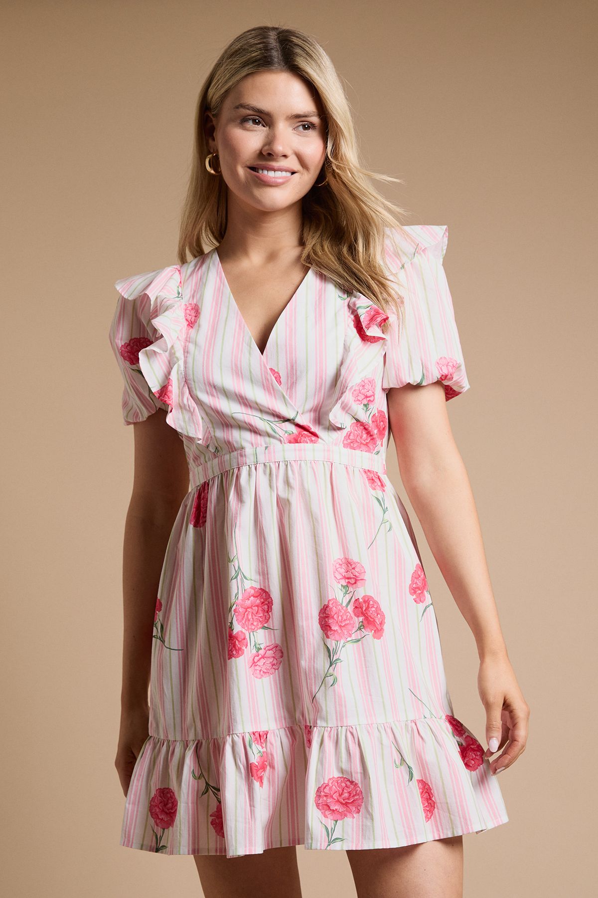 Dorothy Perkins Ruffle Shoulder Puff Sleeve Poplin Mini Dress