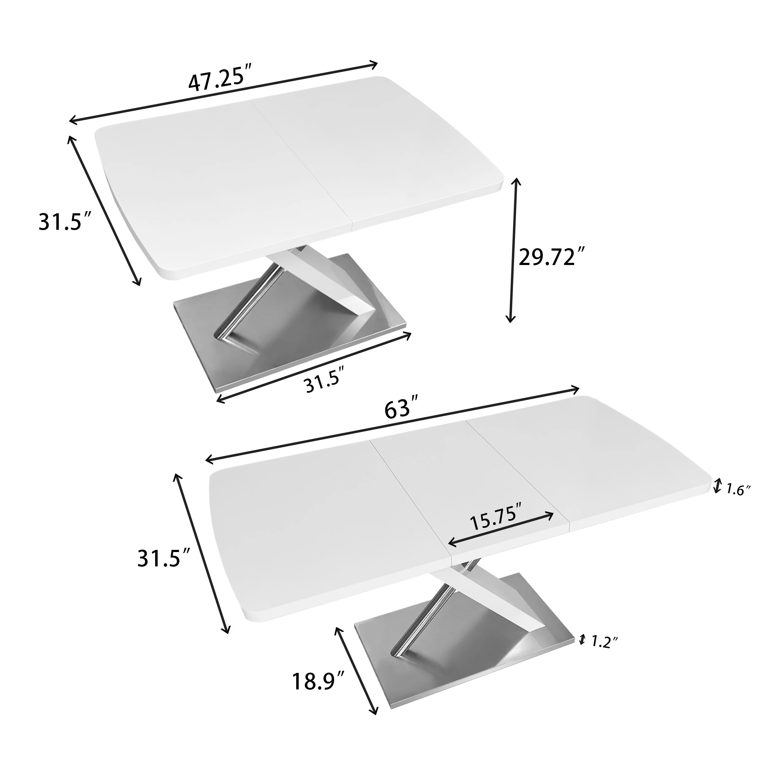 Modern Glossy Dining Table For 4-6 People, Extendable Dining Table With Crossed Metal Base And Stainless Steel Tubes