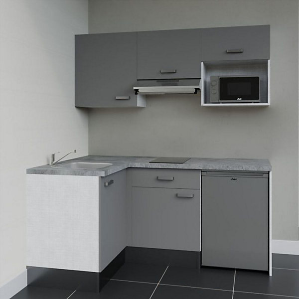 Kitchenette KA03 façades Gris - Plan de travail Gris béton - Crédences : Non - Evier inox - Electroménager Inox inclus
