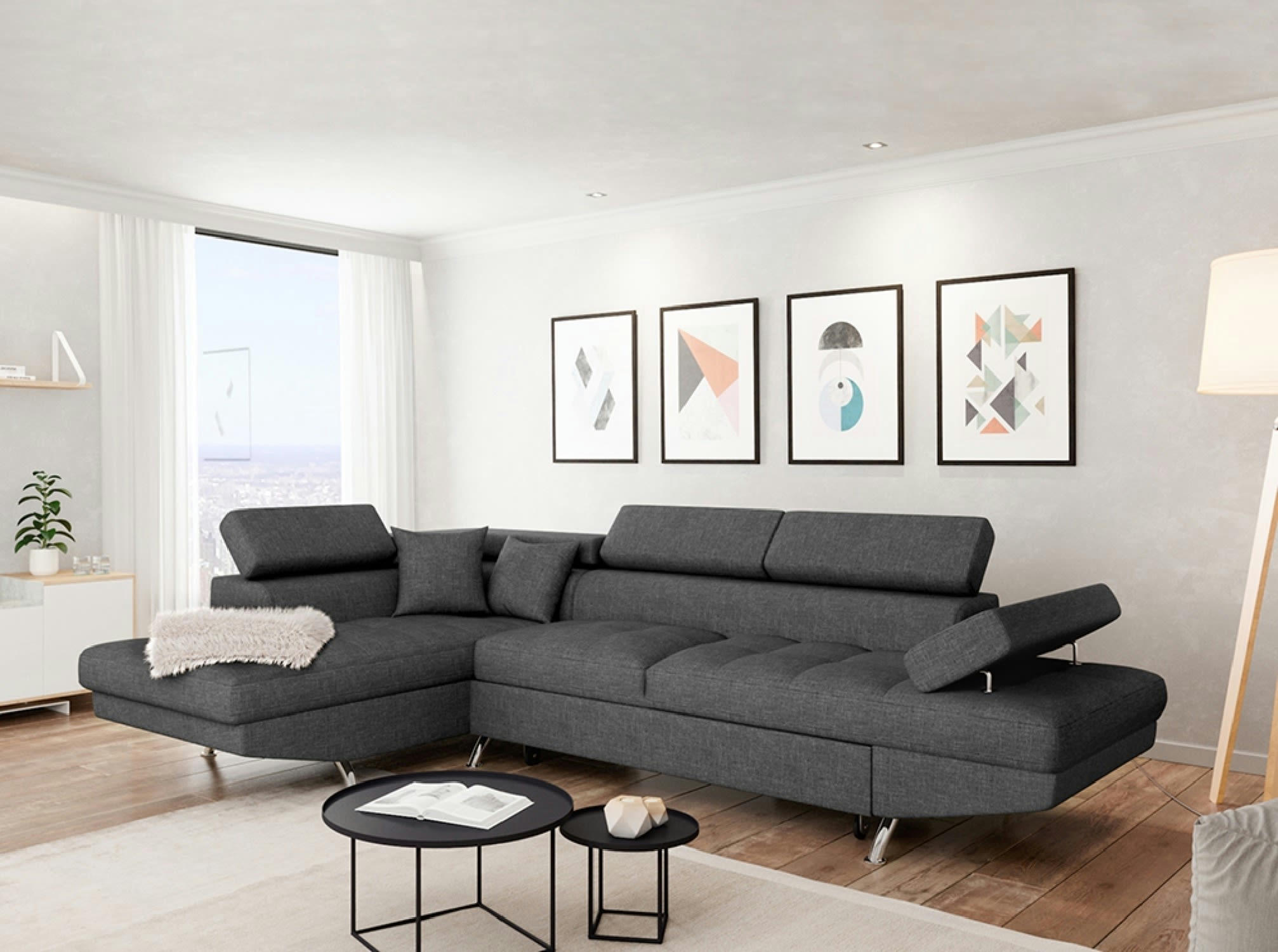RIO - Canapé angle gauche convertible avec coffre en tissu - Gris foncé