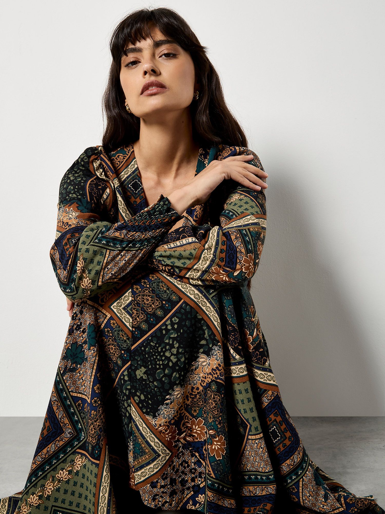 Apricot Patchwork Print Hanky Hem Midaxi Dress