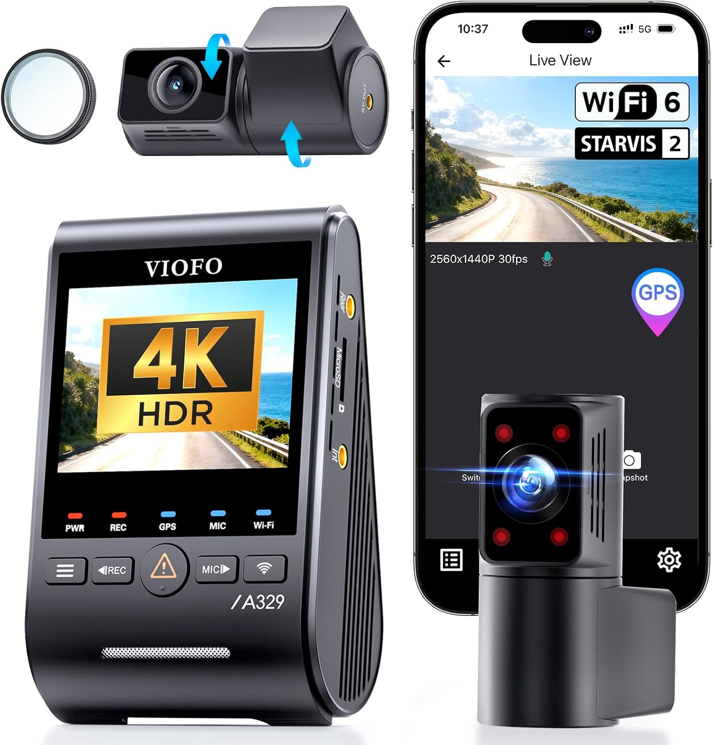 VIOFO A329S 4K 3 Channel Dash Cam  4K Front + 2K Cabin Fisheye (210°) + 2K Rear  Power Saving Parking Mode  Wi-Fi 6 App Control  All-Channel STARVIS 2 Sensors  Supports up to 4TB SSD Storage