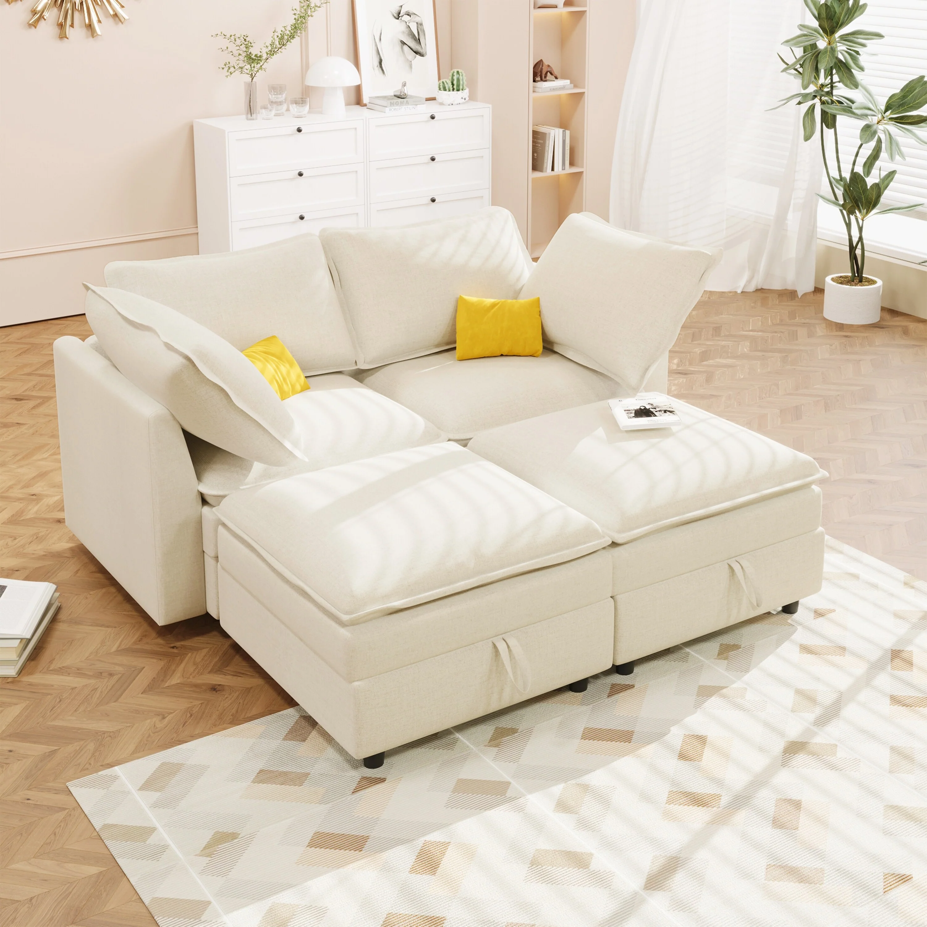 Modular Sleeper Sofa Bed with 2 Storage Ottomans and Pillows