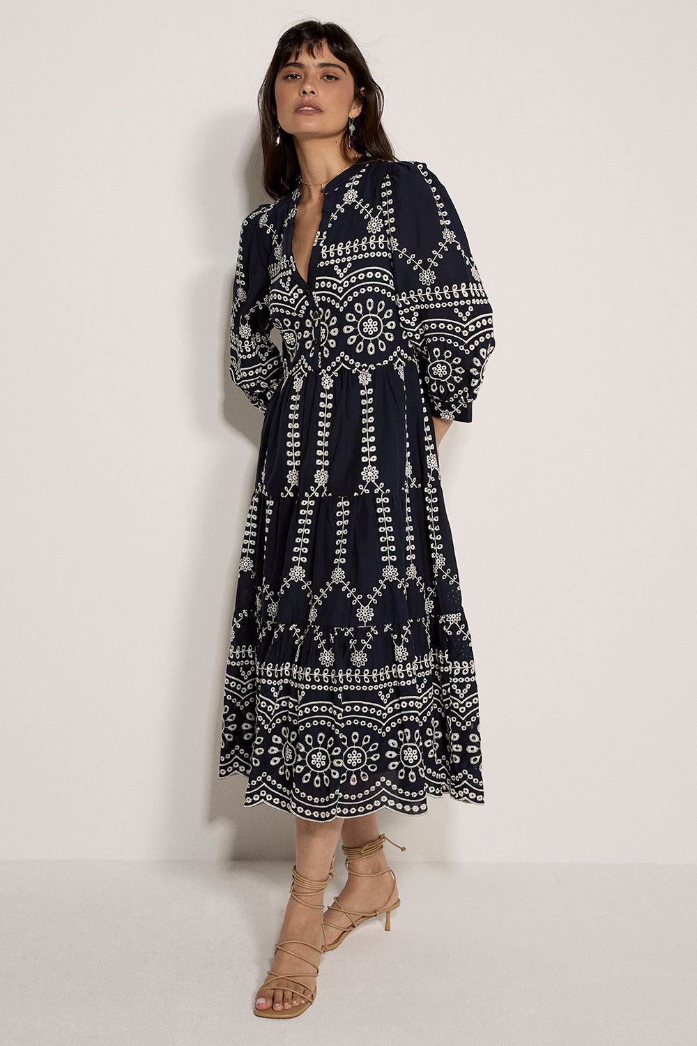 Apricot Floral Cotton Broderie Anglaise Midi Dress