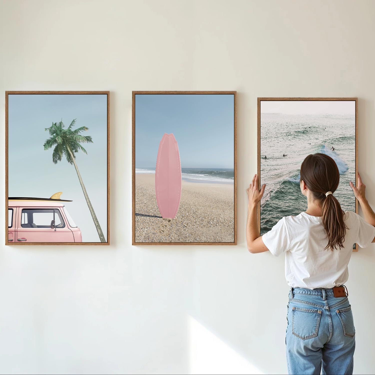 Tinonedraw Large Ocean Beach Framed Canvas Wall Art, Summer Coastal Surfboard Wall Decor, Palm Tree Pink Car Artwork, Modern Surfing Seascape Art Prints for Living Room Bedroom Office 16x24x3