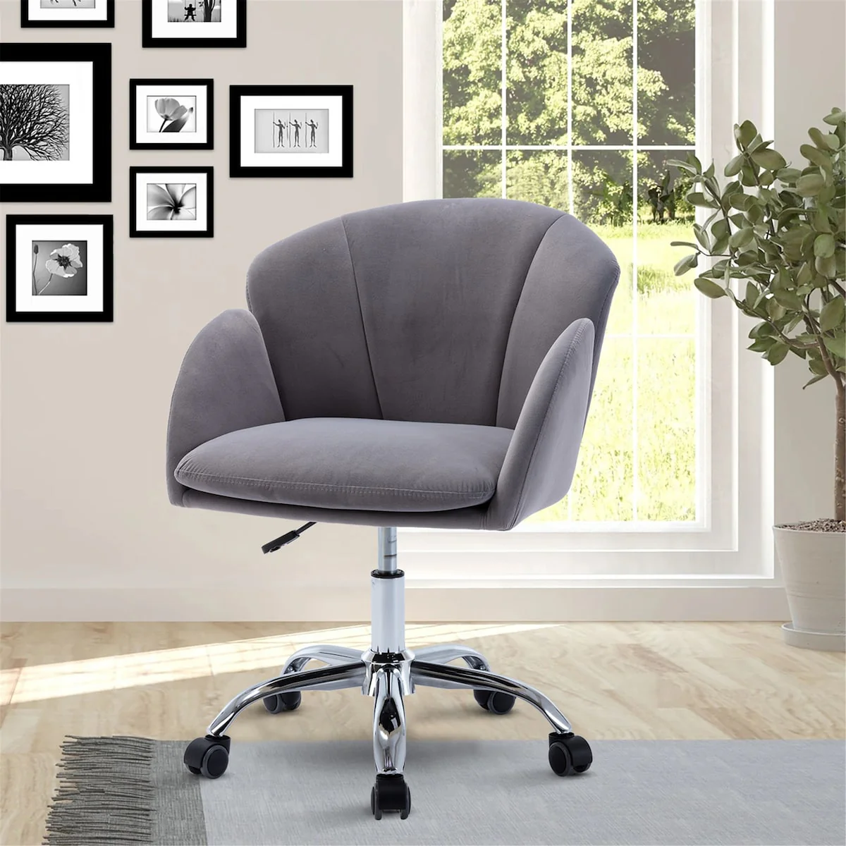 Modern Leisure Swivel Adjustable Office Chair with Velvet Fabric and Golden Feet Base
