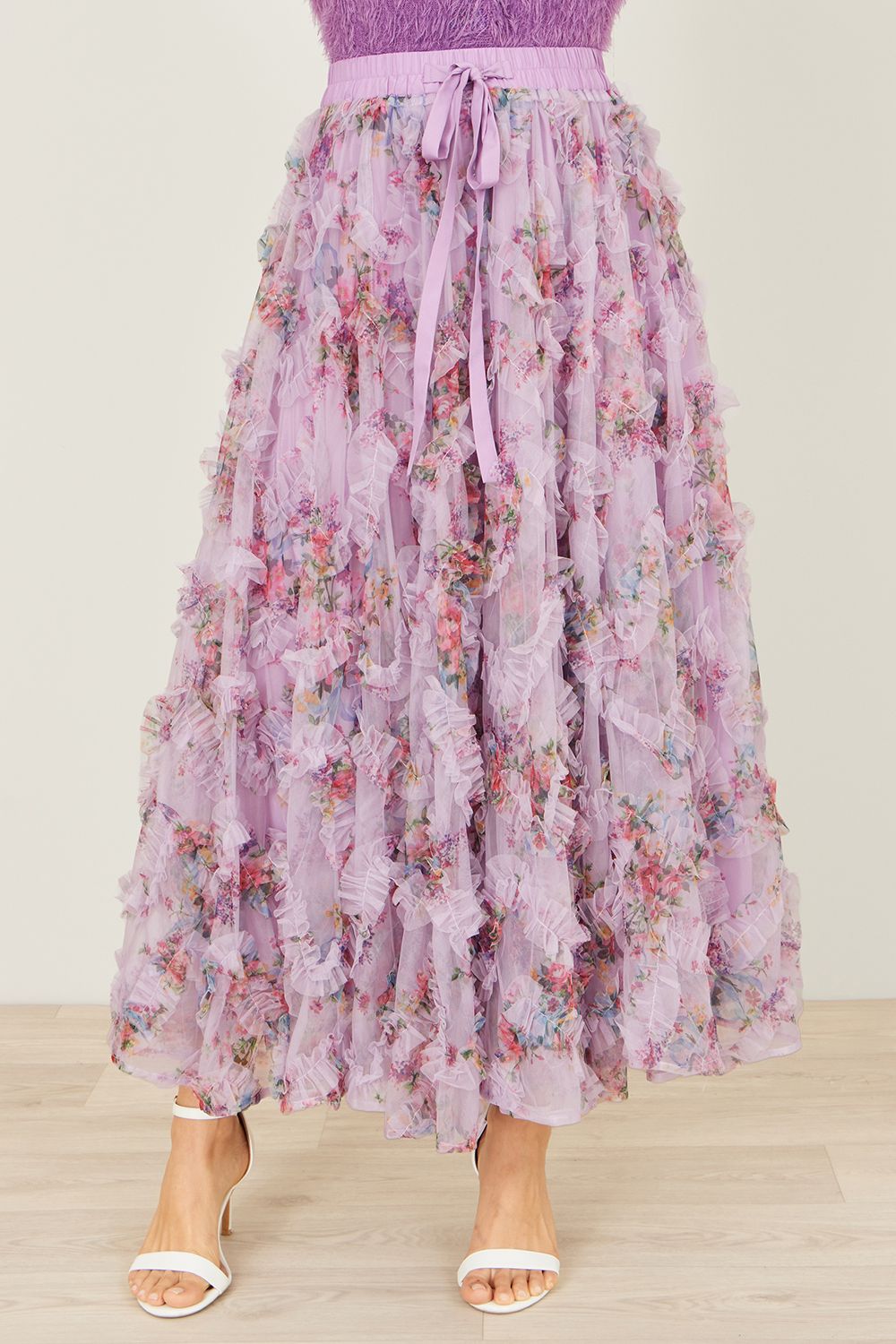 Yumi Floral Ruffle Mesh Midi Skirt