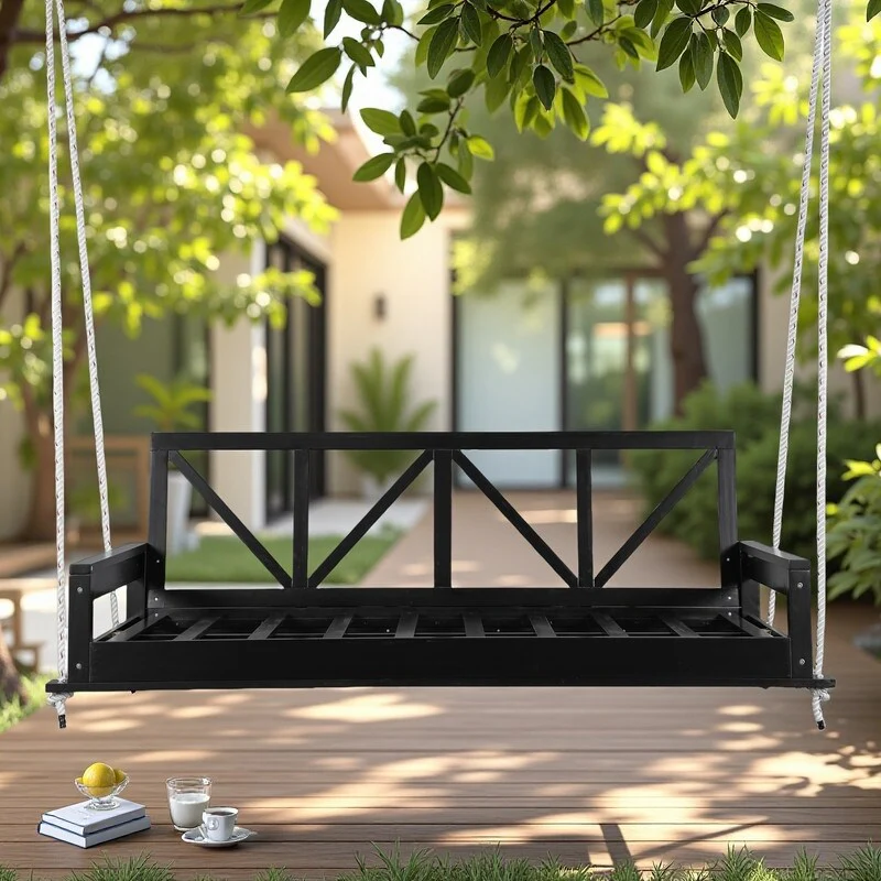 Acacia Wood Twin Size Porch Swings Bed with 16.4ft Hemp Ropes Outdoor Hanging Daybed, 350lb Capacity