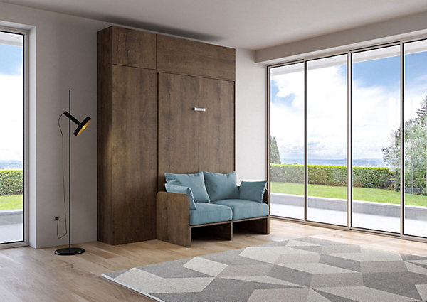 Lit queen-size escamotable Kentaro 120 cm avec canapé et meubles en noyer, bleu clair