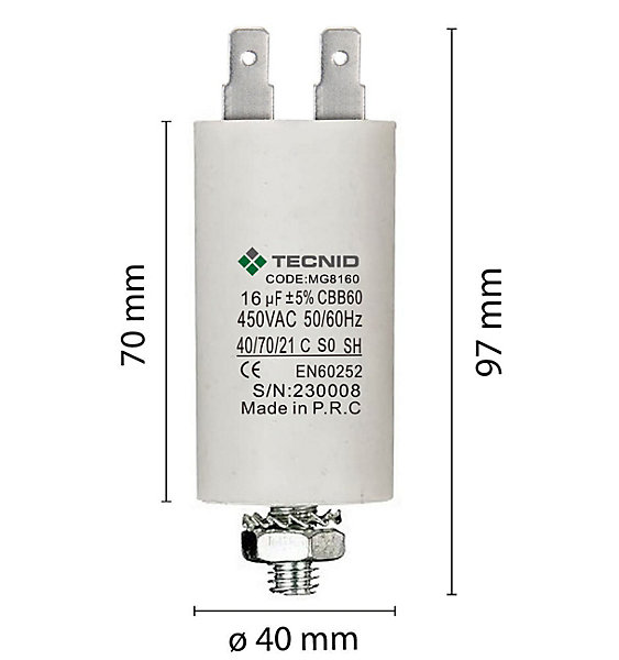 Condensateur de démarrage pour moteurs électriques, 450V, capacité : 16 microfarad, 4 broches / M8
