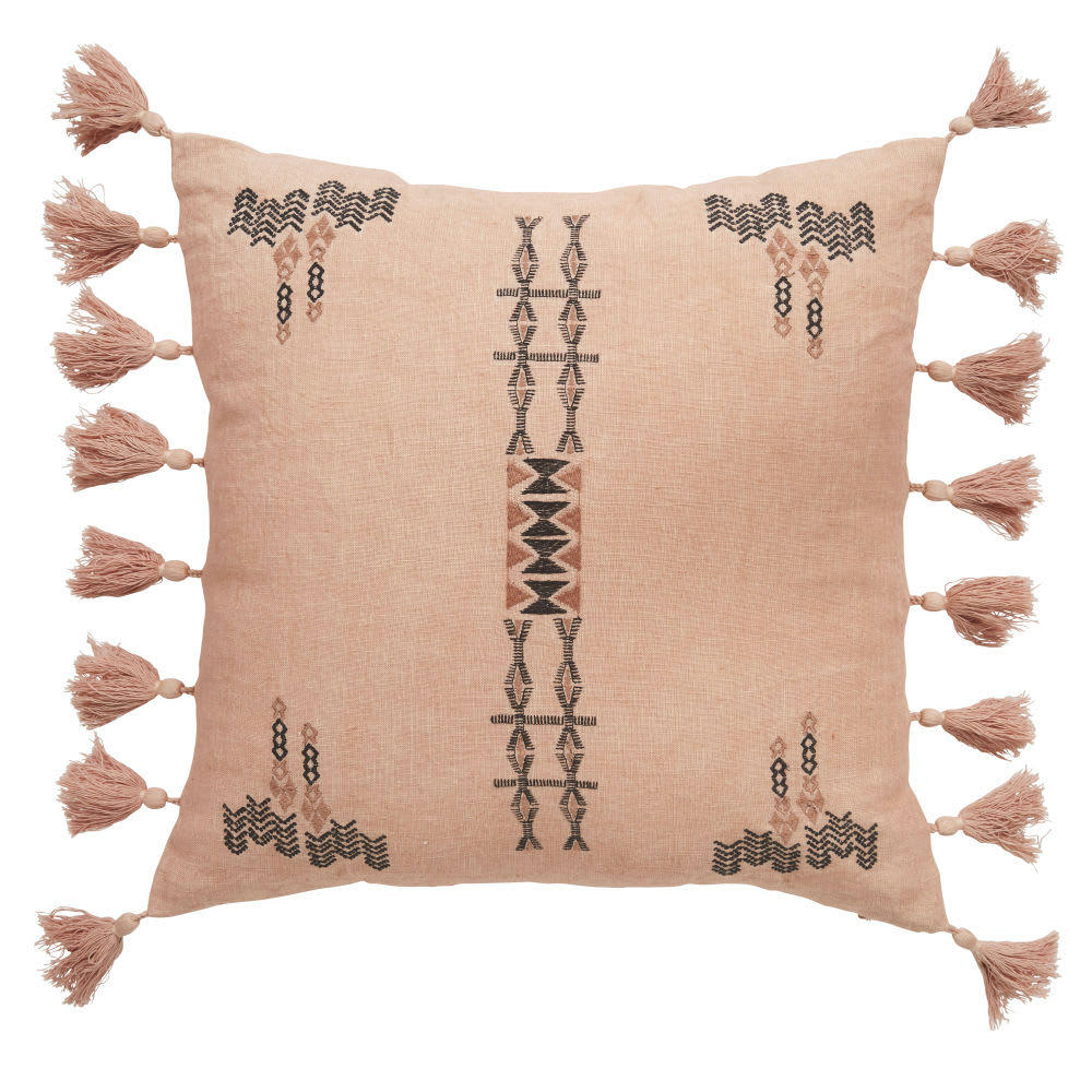 FASNIA - Coussin en lin corail et broderies gris anthracite 45x45