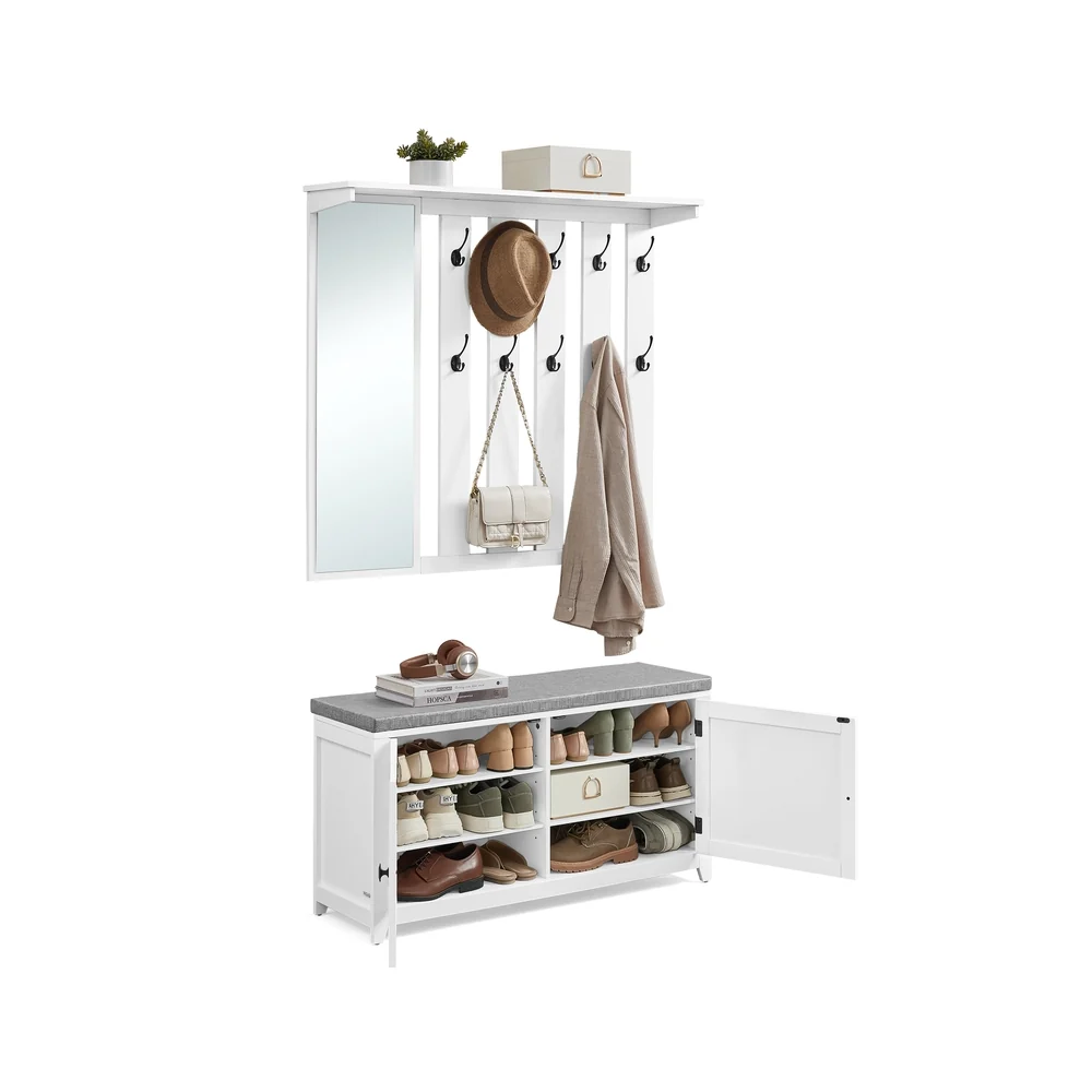 Ensemble porte-manteau avec banc à chaussures miroir