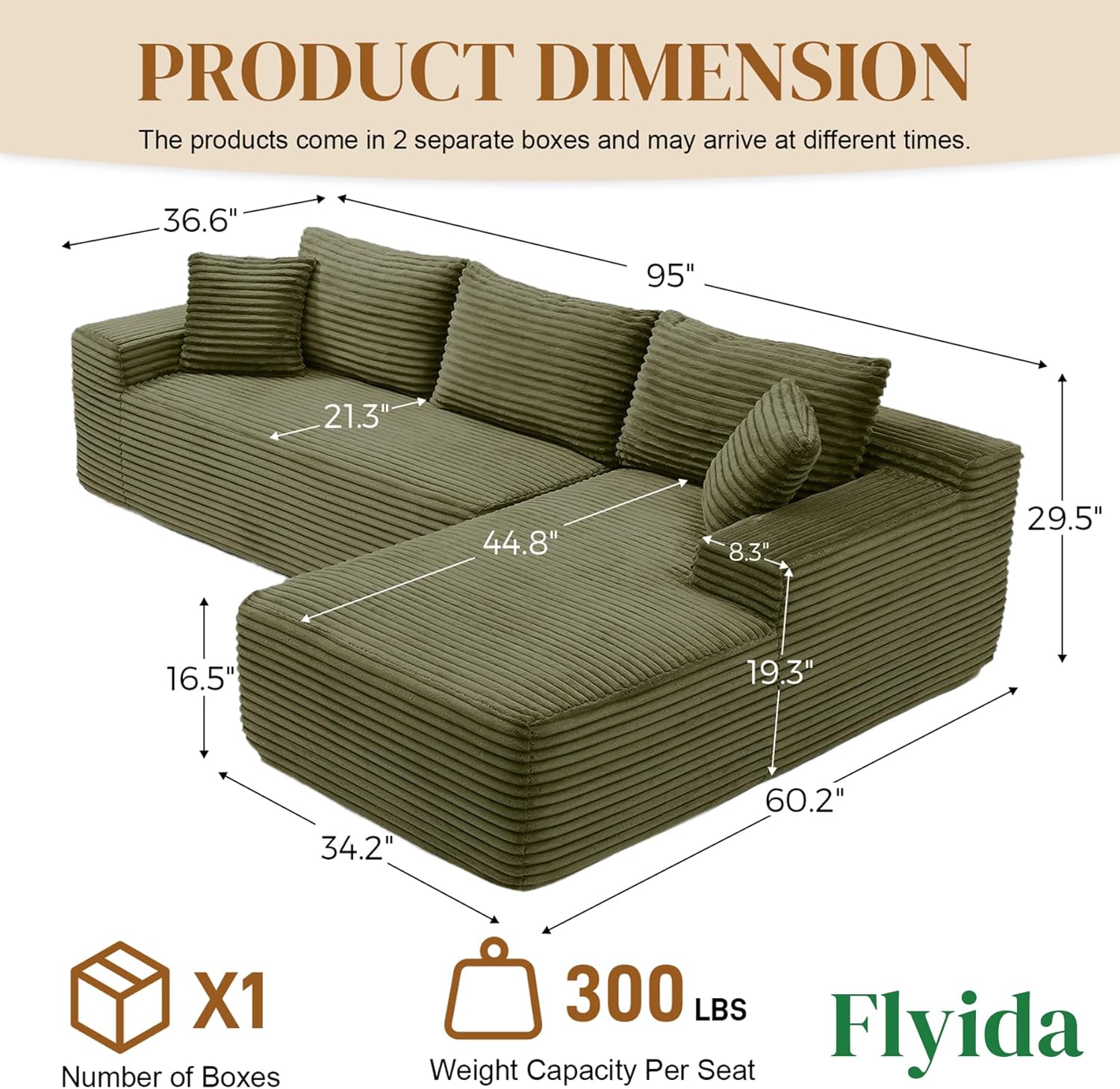 95 Boneless Cloud Sectional Couches for Living Room, Comfy Fluffy L Shaped Memory Foam Deep Seat Boneless Couch, Modular Sectional Sofa with Right Facing Chaise, Olive Green