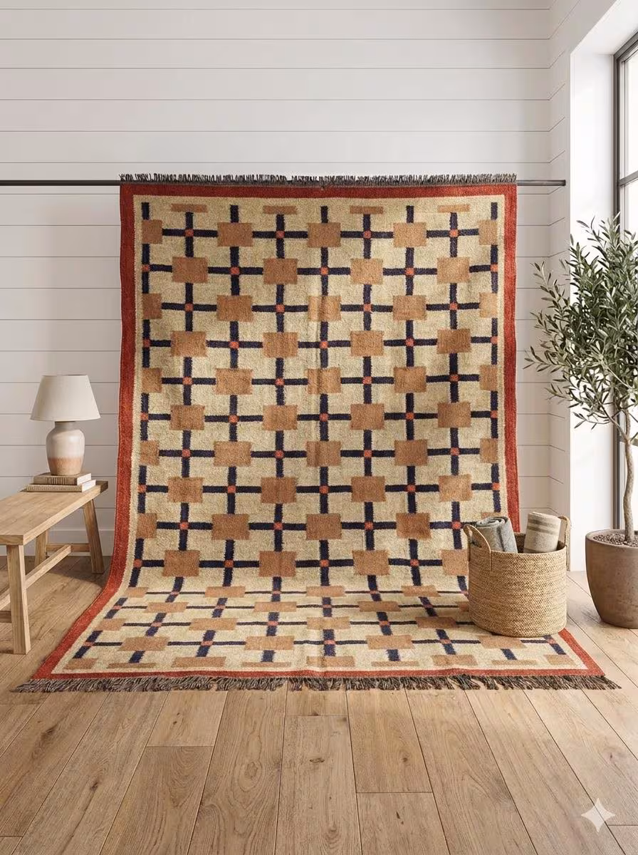 Scandinavian Boho Kilim Rug, Wool Jute Handwoven Area Rug, Neutral Geometric Flatweave, Custom Size Living Room Bedroom Rug