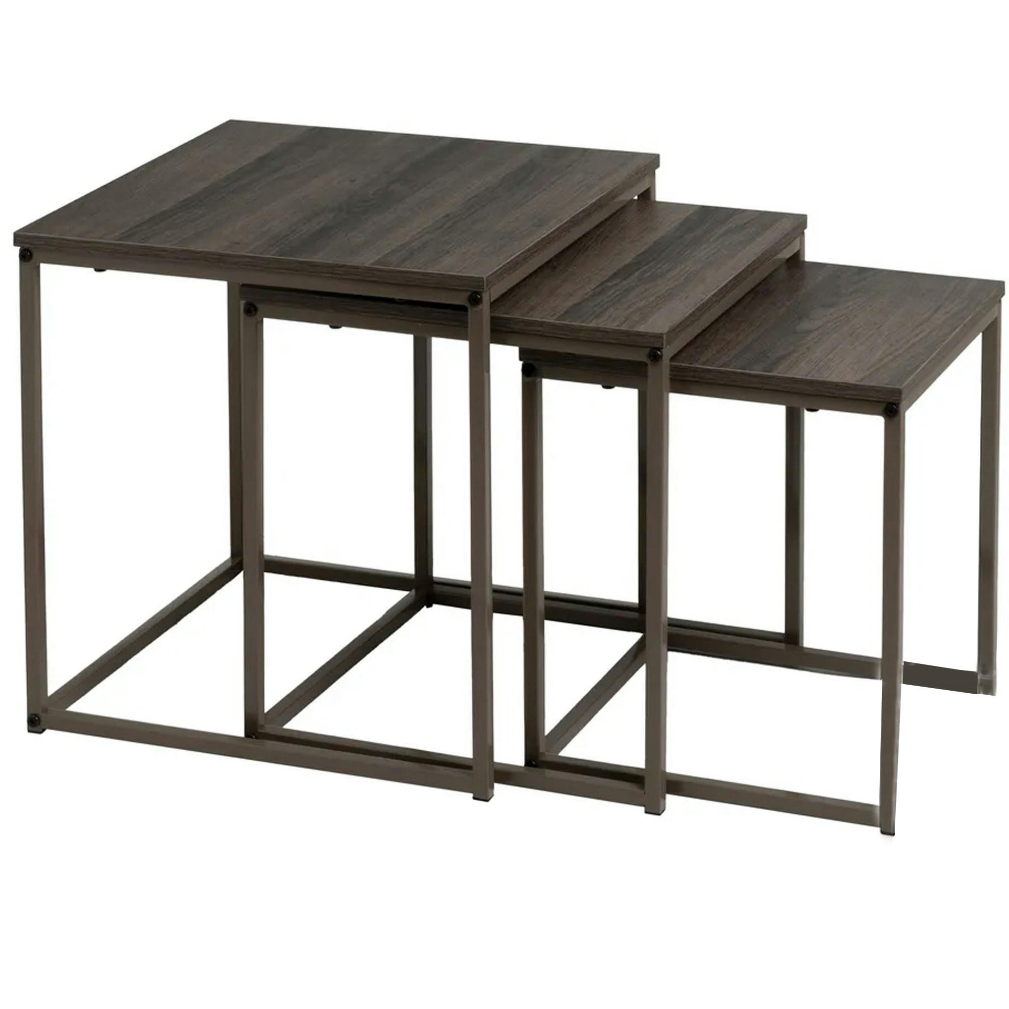 - Set de 3 tables basses gigognes bois et métal gris 40x40x42cm