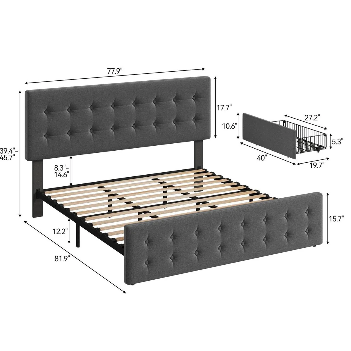 King Size Bed Frame with 4 Storage Drawers and Headboard