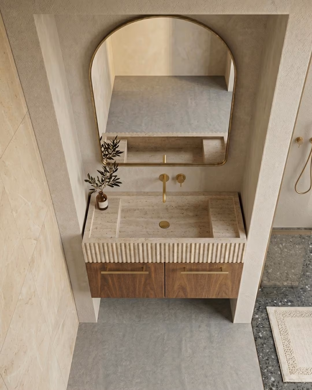 Travertine Floating Vanity, Fluted Sink, Wood Cabinet, Wall Mounted Bathroom Furniture