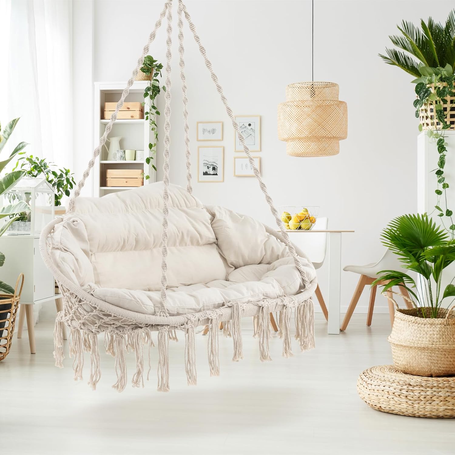 Tangkula 2-Person Hanging Hammock Chair, Boho Style Macrame Hammock Swing with Soft Cushions, Tassels, Indoor Outdoor Cotton Rope Hanging Swing Chair for Bedroom, Porch, Balcony