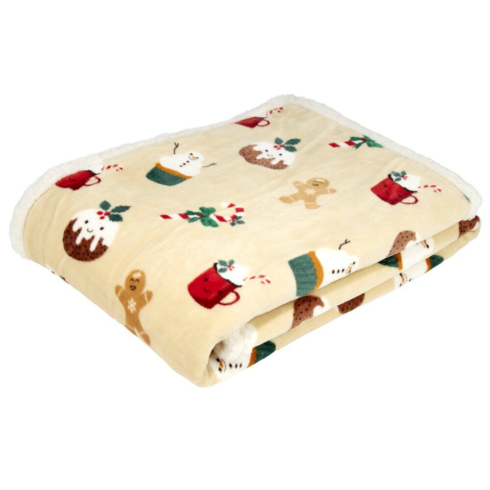 Plaid No&euml;l imprimé gingerbread polyester L150X120 cm beige