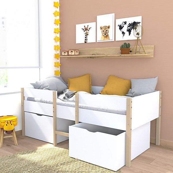 Lit mi-hauteur ZEPHIR 90x200   2 grands tiroirs   sommier / Blanc &vernis naturel