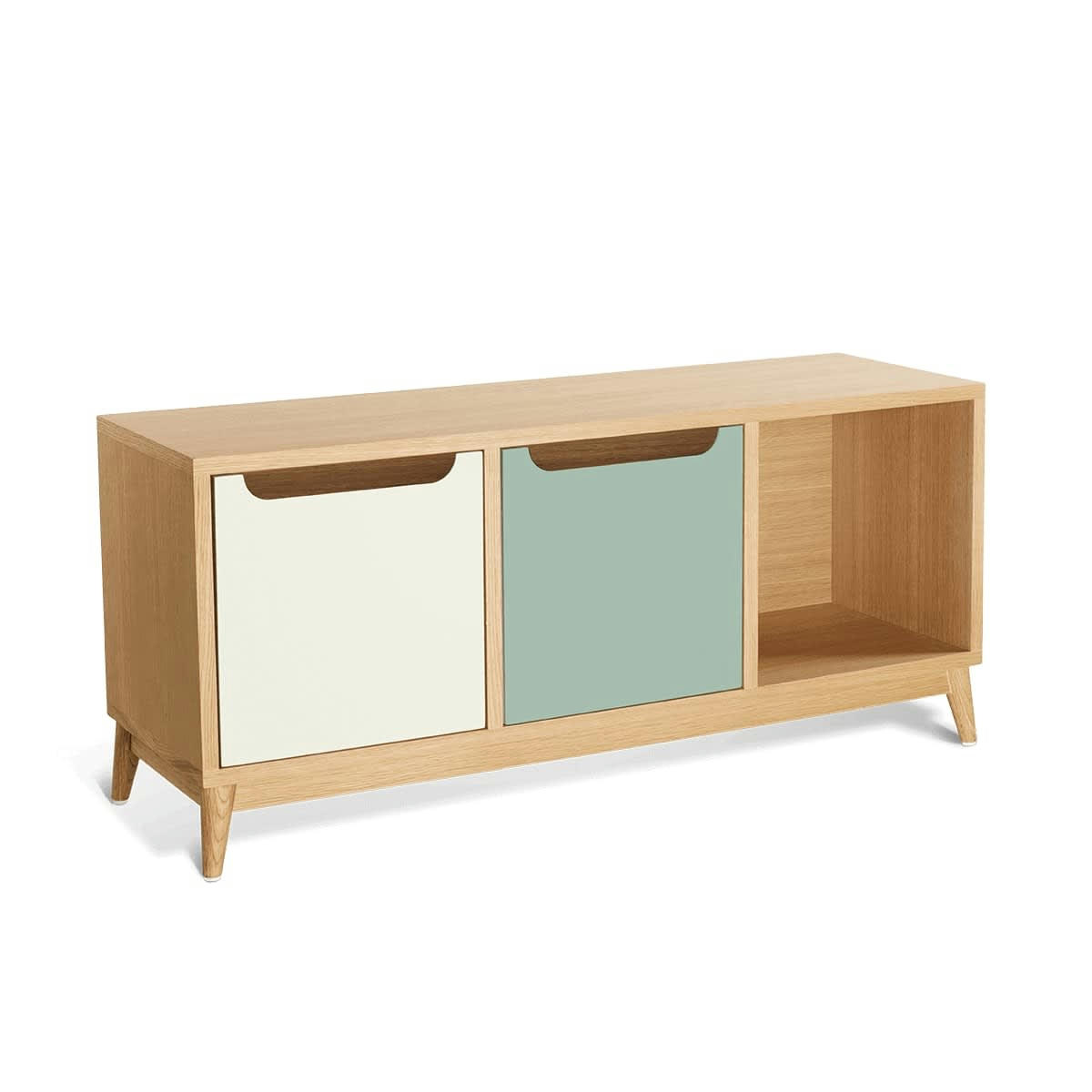 KILT - Meuble bas, 2 portes, 1 niche, chêne et bicolore, creme et vert.