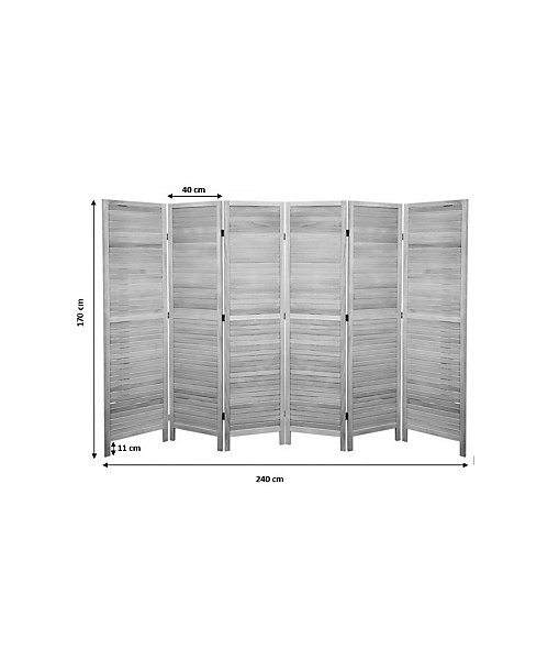 Paravent persienne de 6 pans en bois, coloris blanc lasuré Effet brocante- Dim : H170 x L240cm