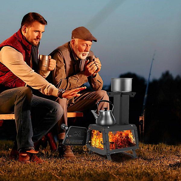 Mini Poêle à Bois Portable, avec 2 Positions de Cuisson, Poignée, Fenêtre en Verre, pour Pique-Nique Camping Randonnée