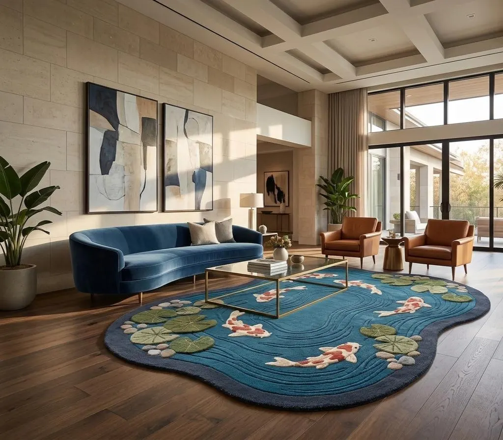 Hand Tufted Koi Pond Rug, Blue Fish Area Rug, Japanese Garden Carpet, Lily Pad Water Rug, Handmade Living Room Decor