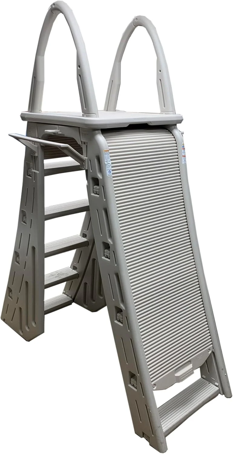 Confer Plastics 7200 Roll Guard 48 to 56 Adjustable A Frame Safety Ladder for Above Ground Outdoor Patio Swimming Pool Platform Ladder with Step Barrier, Warm Grey��(Warm Grey)