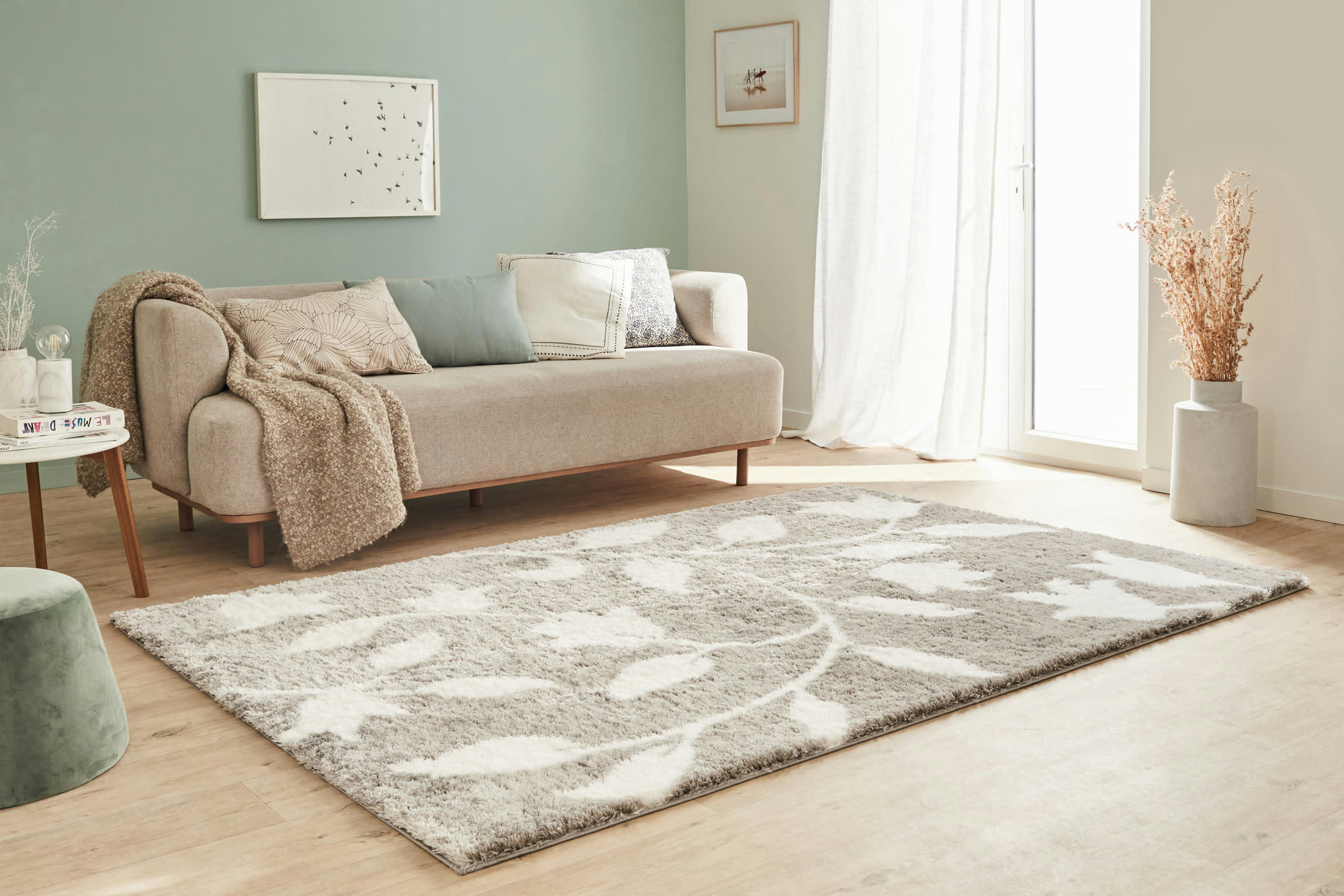 OSLO - Tapis shaggy motif fleur gris - 200x290 cm