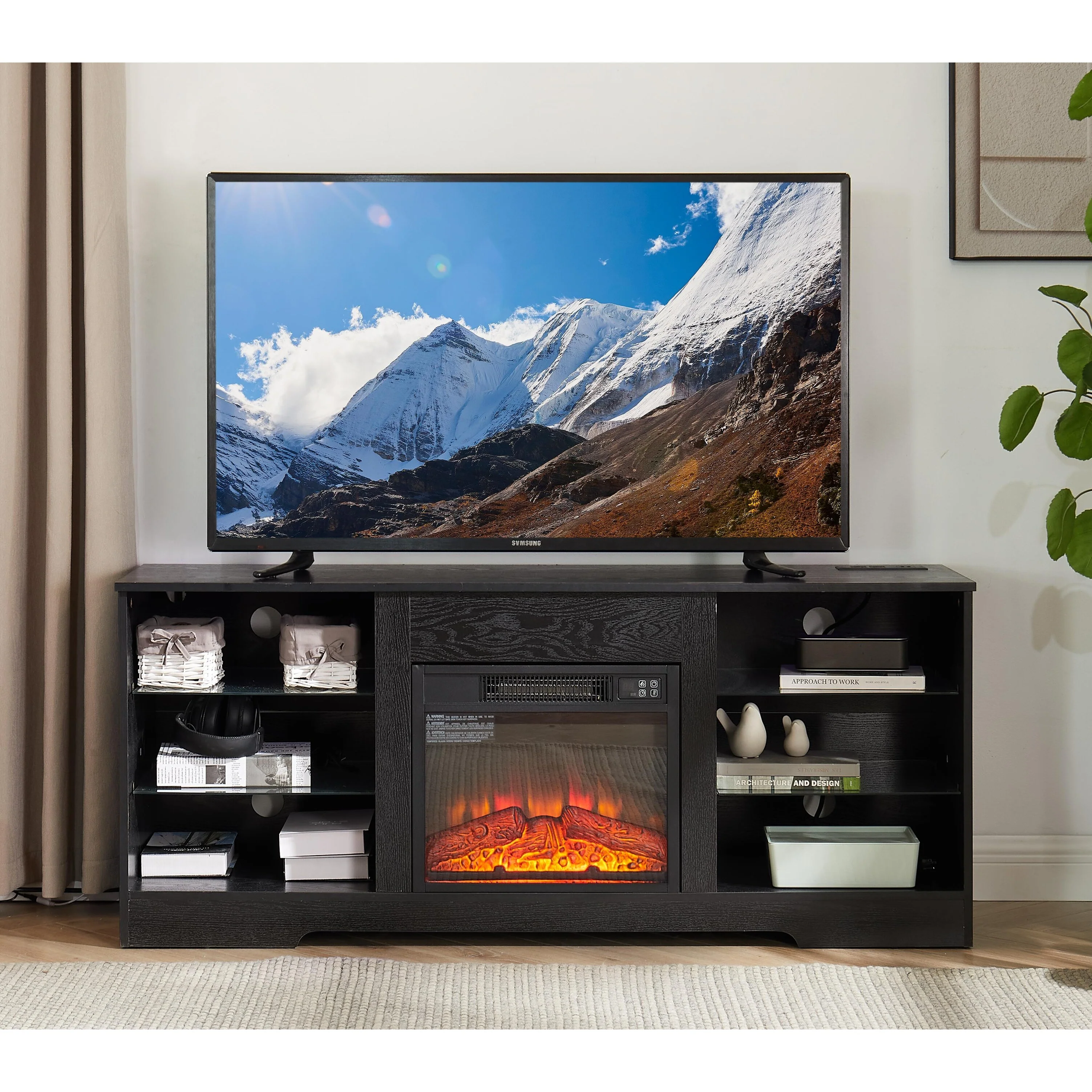 Black 58 Fireplace TV Stand with LED, Glass Shelves & USB for TVs Up to 62