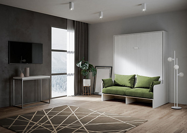 Lit double escamotable Kentaro 160 cm avec canapé en frêne blanc, vert