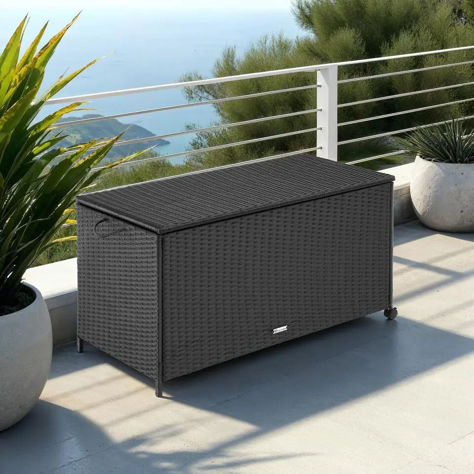 tectake Opbergbox Kuusamo, rotan, met aluminium frame en wieltjes, Zwart/Zwart