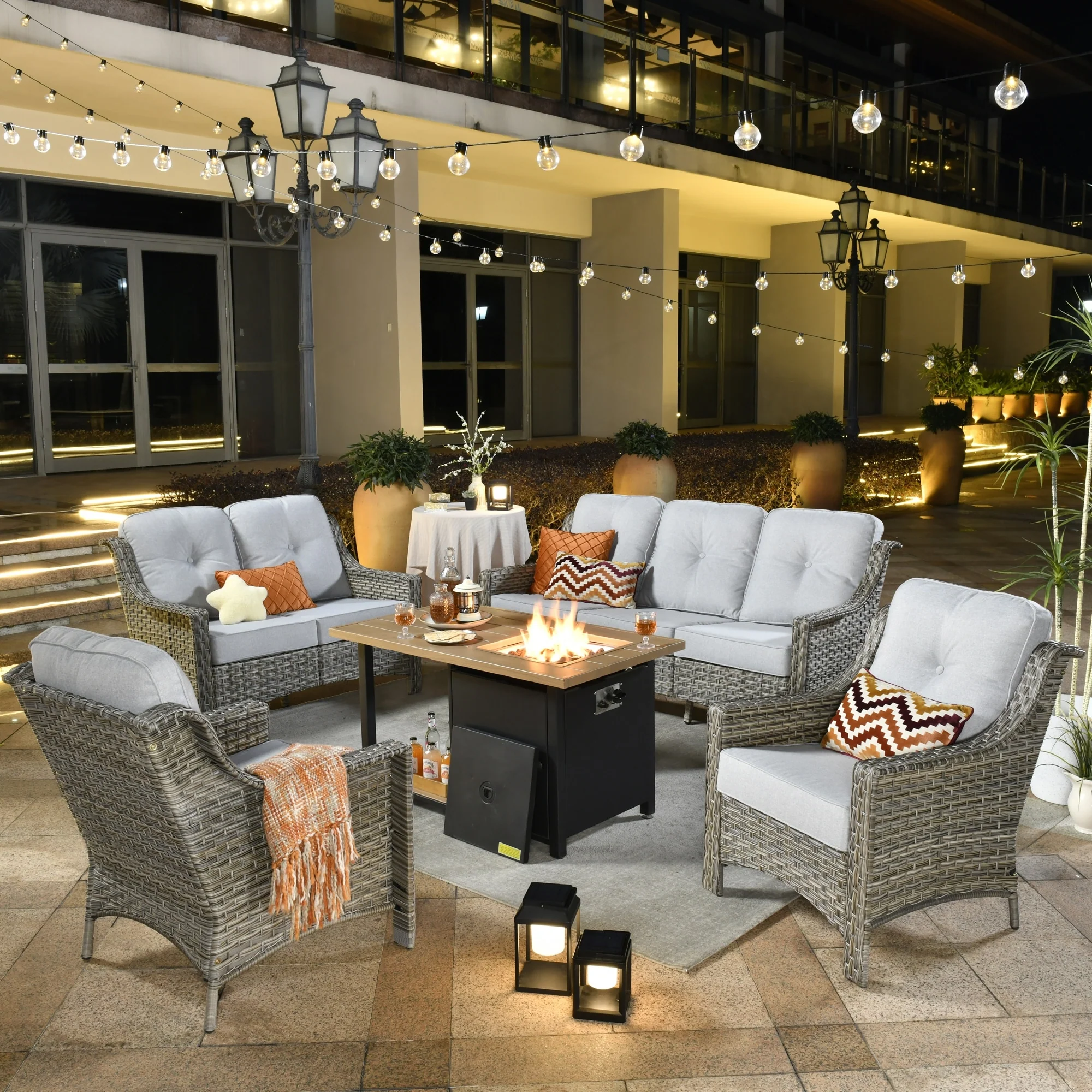 XIZZI 5-piece Patio Furniture Wicker Outdoor High Back Sofa Set with Fire Pit