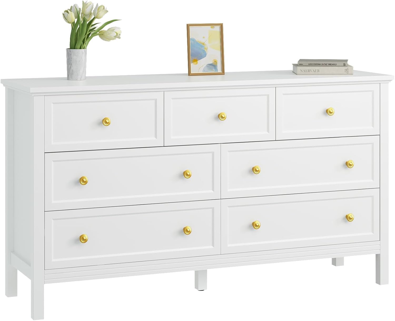 CARPETNAL White Dresser for Bedroom, 7 Drawer Dresser with Wide Drawers and Gold Metal Handles, 55 White and Gold Dressers TV Stand, Modern Dressers & Chests of Drawers for Hallyway, Entryway.