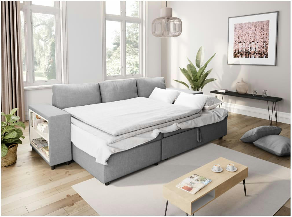 MADY - Canapé d'angle convertible gris clair avec rangement poufs à droite