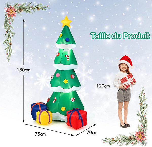 180 CM Sapin Noel Gonflable Arbre Noel Gonflable Etoile de Cime Bonbons Coloré Boîte Cadeau Lumières LED Décoration Noel