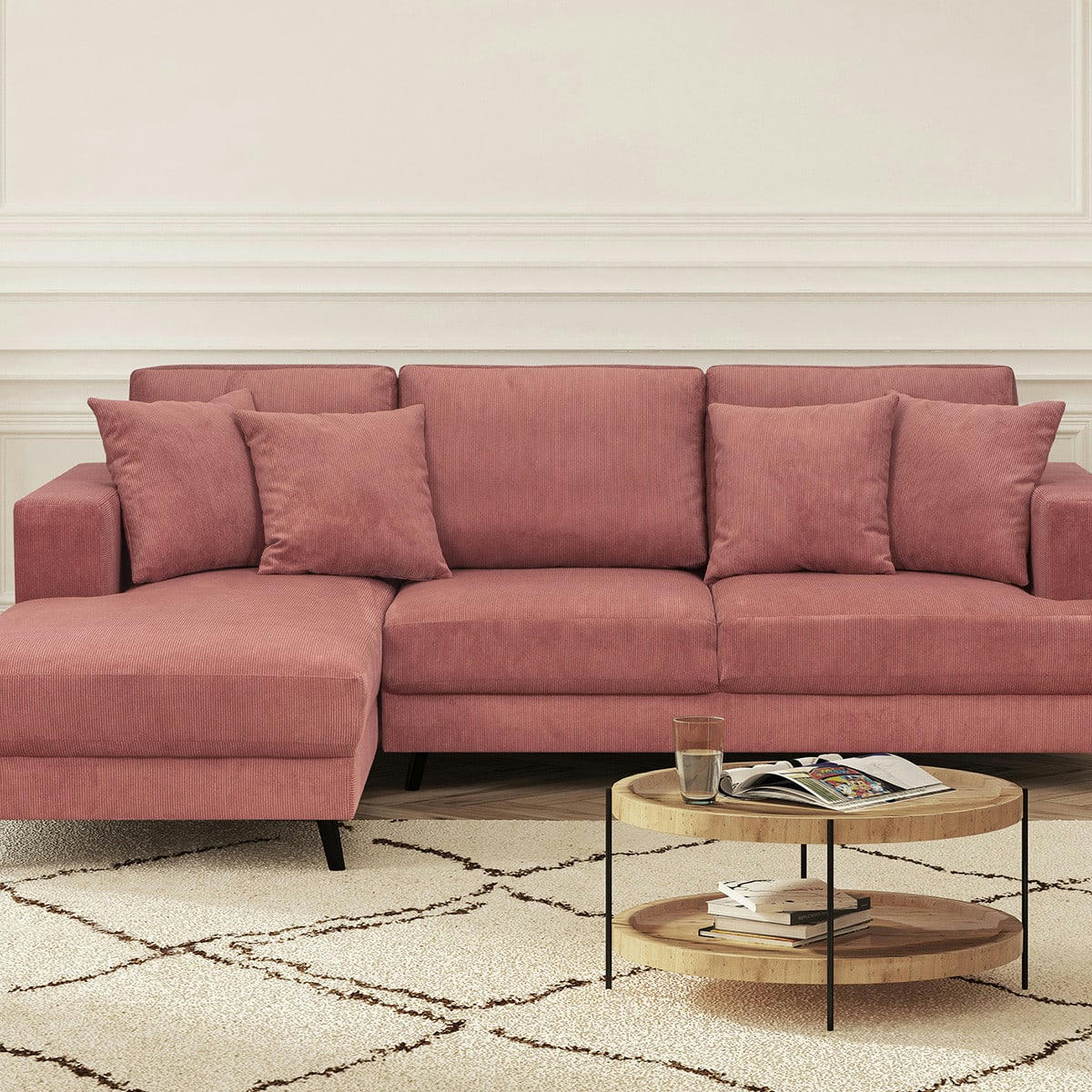 MARCEAU - Canapé d'angle gauche convertible 4 places velours côtelé terracotta