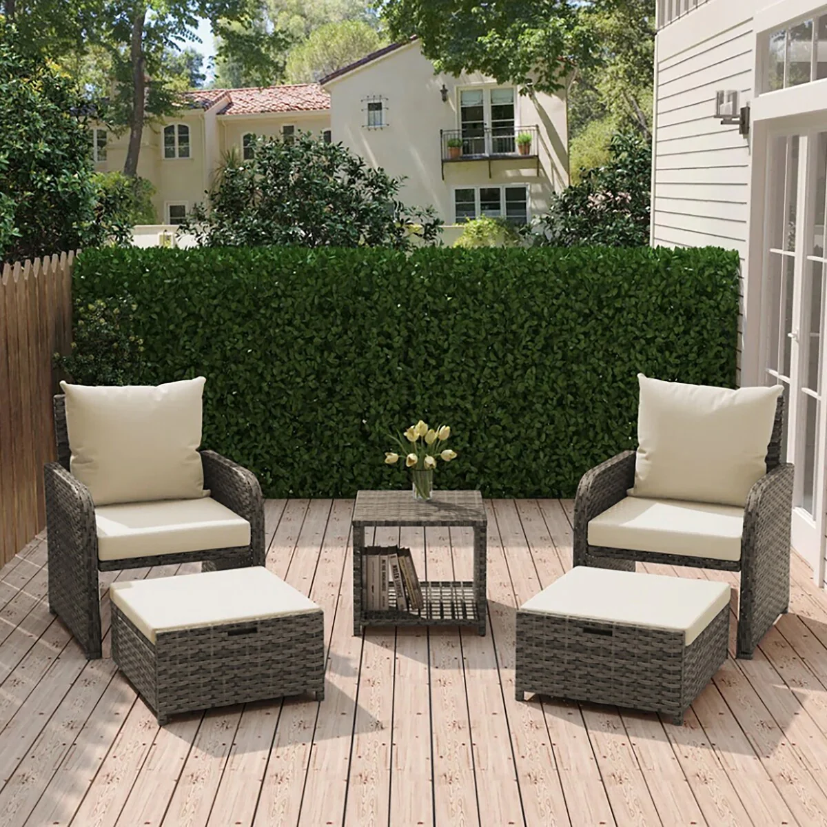Patio 5 Pieces Rattan Cushioned Conversation Set With Ottoman Coffee Table